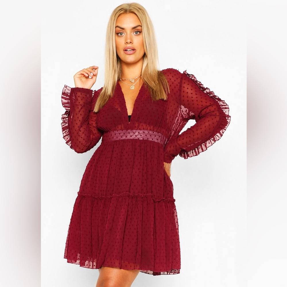 Boohoo Berry Wine Ruffle Dobby Chiffon Skater Dress w/ Sleeves & Empire Waist 16